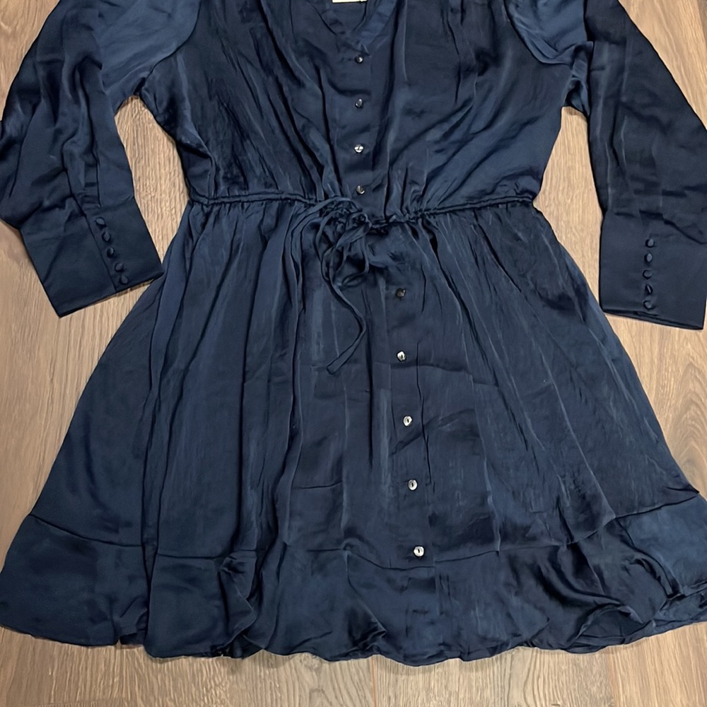 Jessica Simpson Plus Size 3X Navy Blue Satin Shiloh Long Sleeve Ruffle Dress - Picture 9 of 11